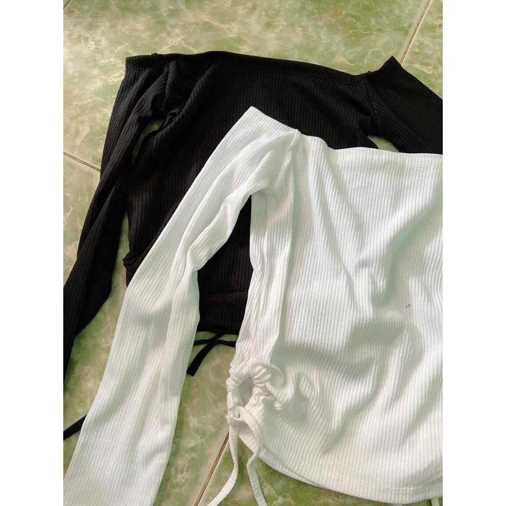 Áo Thun Trễ Vai Tay Dài Dây Thắt Eo