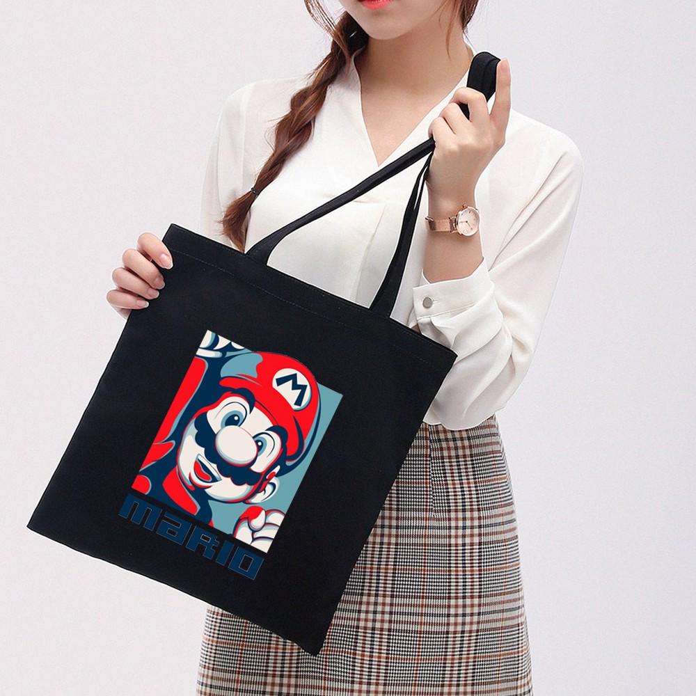Túi Tote Vải Canvas Ginko kiểu basic có dây kéo khóa miệng túi đựng vừa laptop 14 inch và nhiều đồ dùng khác Phong Cách ulzzang Hàn Quốc In Hình Mario B16