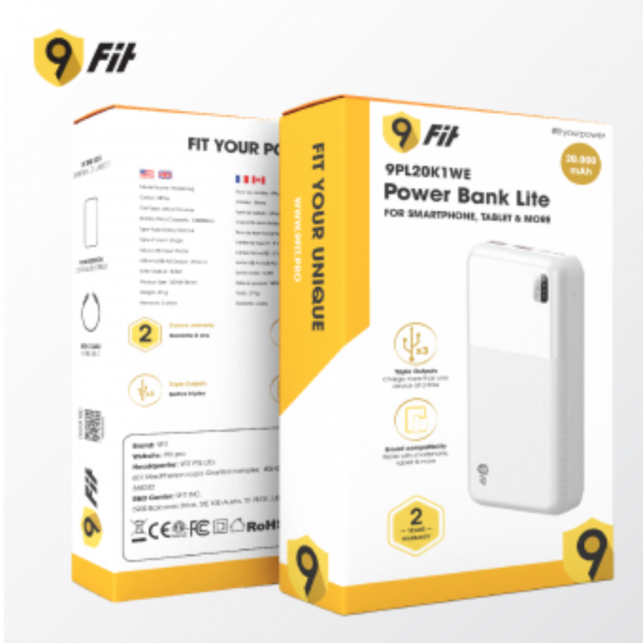 Sạc Dự Phòng 9FIT 20000mAh /3.7V Li-Polymer 9PL20K1 - hỗ trợ sạc nhanh 10,5W tích hợp 2 cổng output - Hàng chính hãng