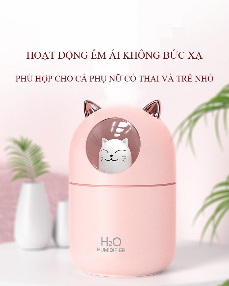 Máy Phun Sương, Máy Tạo Độ Ẩm Mini Hình Mèo CTFAST-01 Dung Tích 300 ML, Cấp Ẩm Cho Da, Phòng Điều Hòa, Khuếch Tán Tinh Dầu, Hoạt Động Êm Ái Ánh Sáng Thay Thế Đèn Ngủ - Hàng Chính Hãng