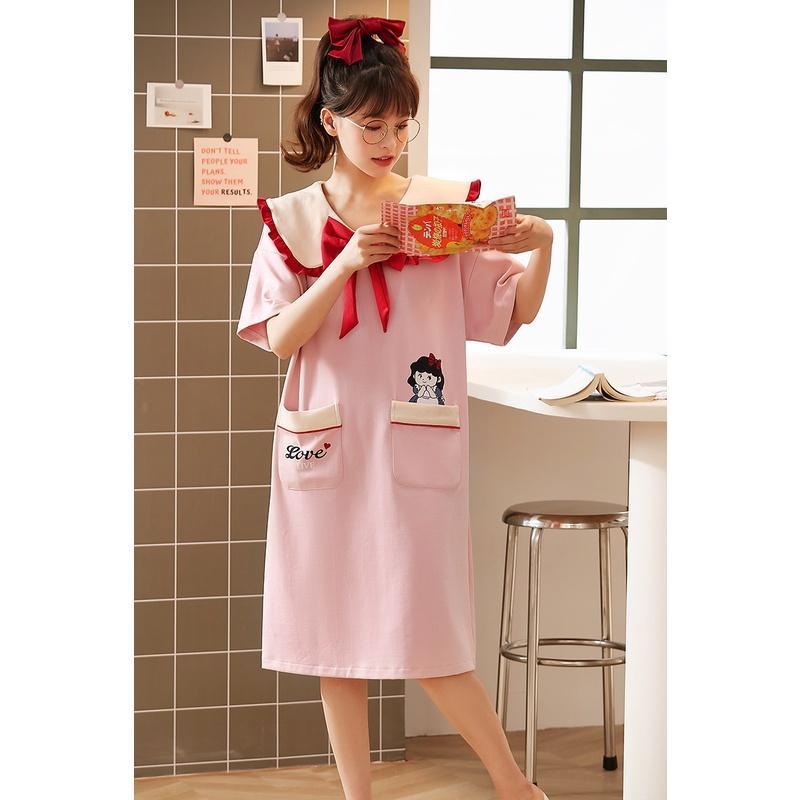 Đầm Ngủ cotton Mỏng Dáng Rộng Cổ Tròn Thắt Nơ Thời Trang Mùa Hè Cho Nữ