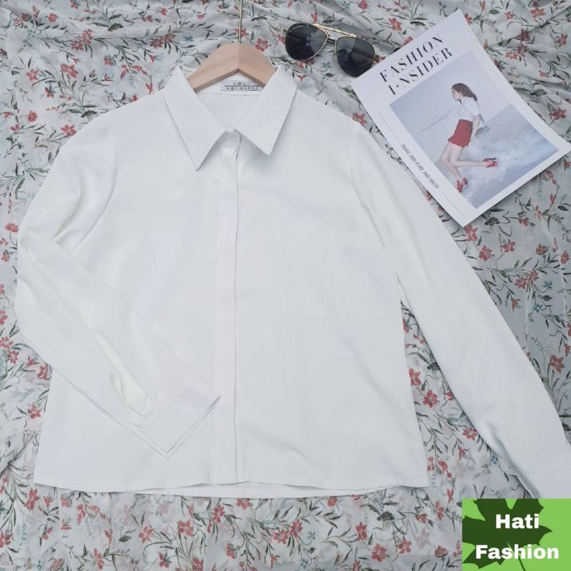 Áo Sơ Mi Lụa Hàn Công Sở Cổ Đức Nẹp Dấu Khuy Dài Tay Thiết Kế Hati Fashion
