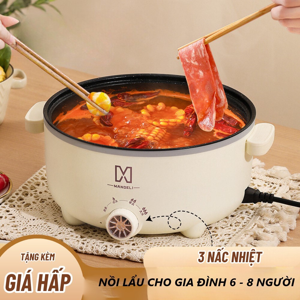 Nồi Lẩu Điện Mini, Nồi Hấp 2 Tầng, Nồi Lẩu Điện Đa Năng Tặng Kèm Xửng Hấp, Dung Tích 4Lit, Size 28cm - Hàng Chính Hãng