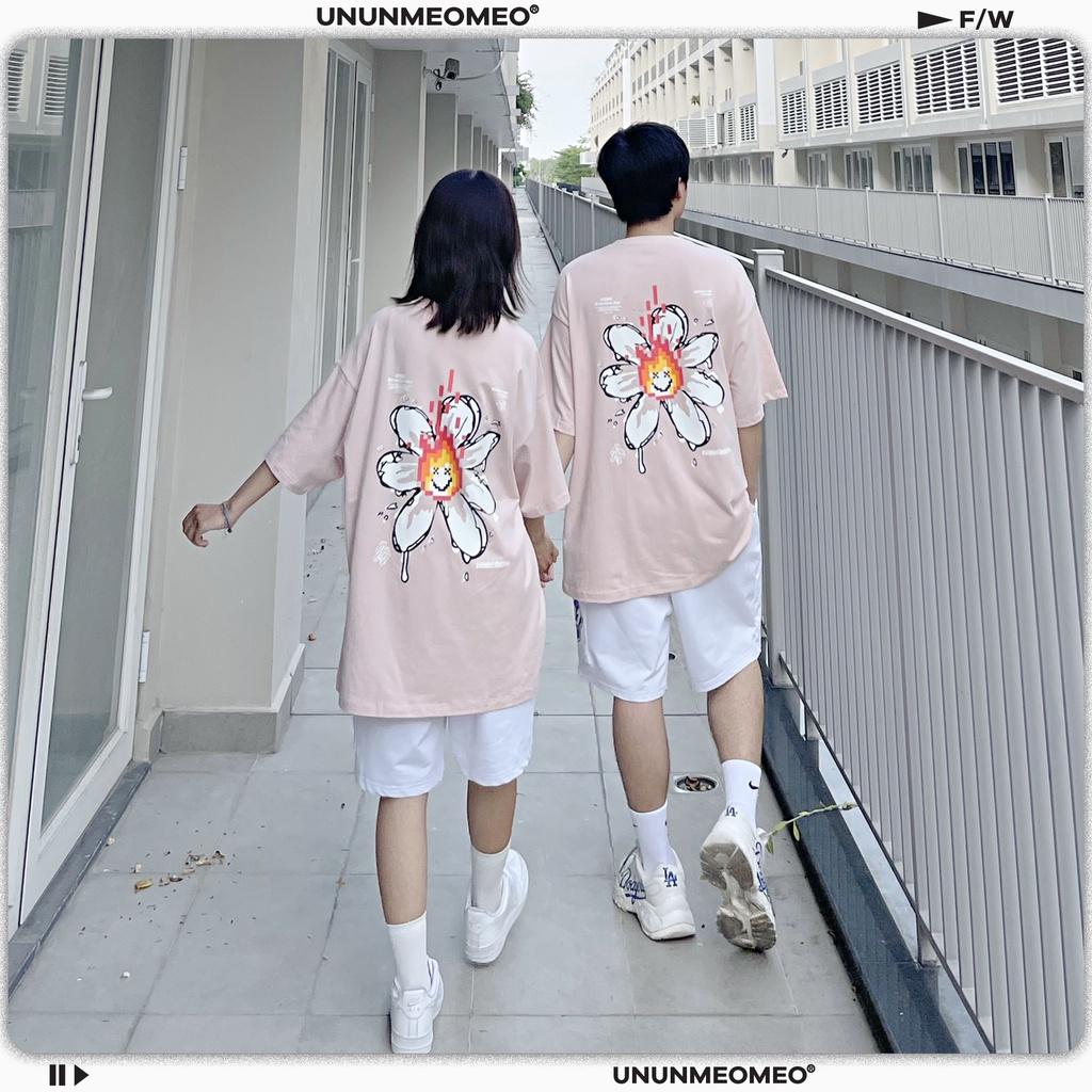 Hình ảnh Áo Thun Nam Nữ From Rộng Tay Lỡ - Ủn Ủn Meo Meo Chất Liệu Vải Thun Cotton 100% - Màu Hồng Pastel In Hoa Cúc