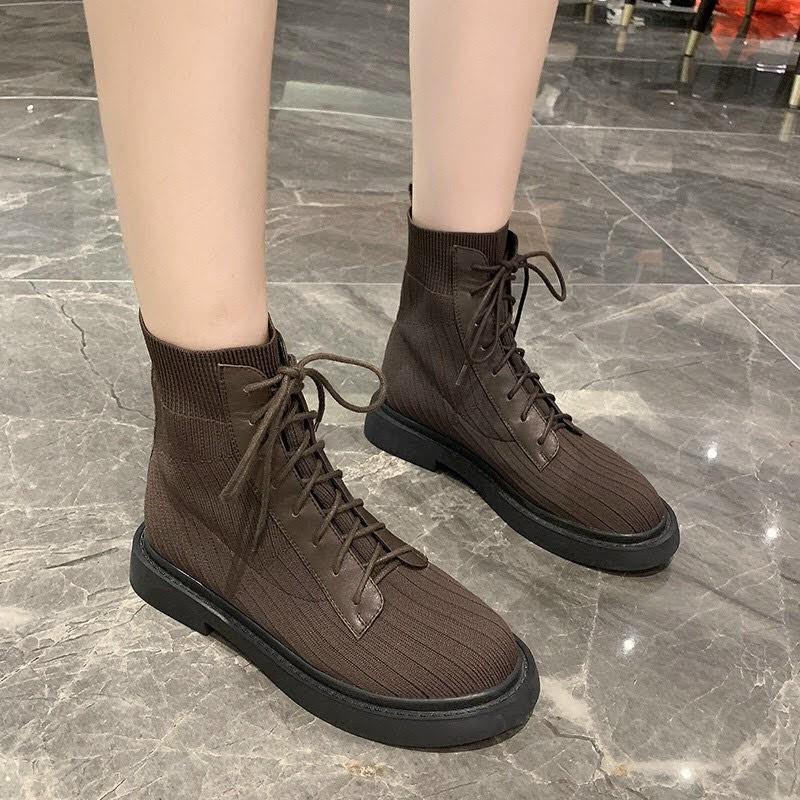 Giày Boots cao cổ len ôm chân màu Nâu loại 1 đế 4cm