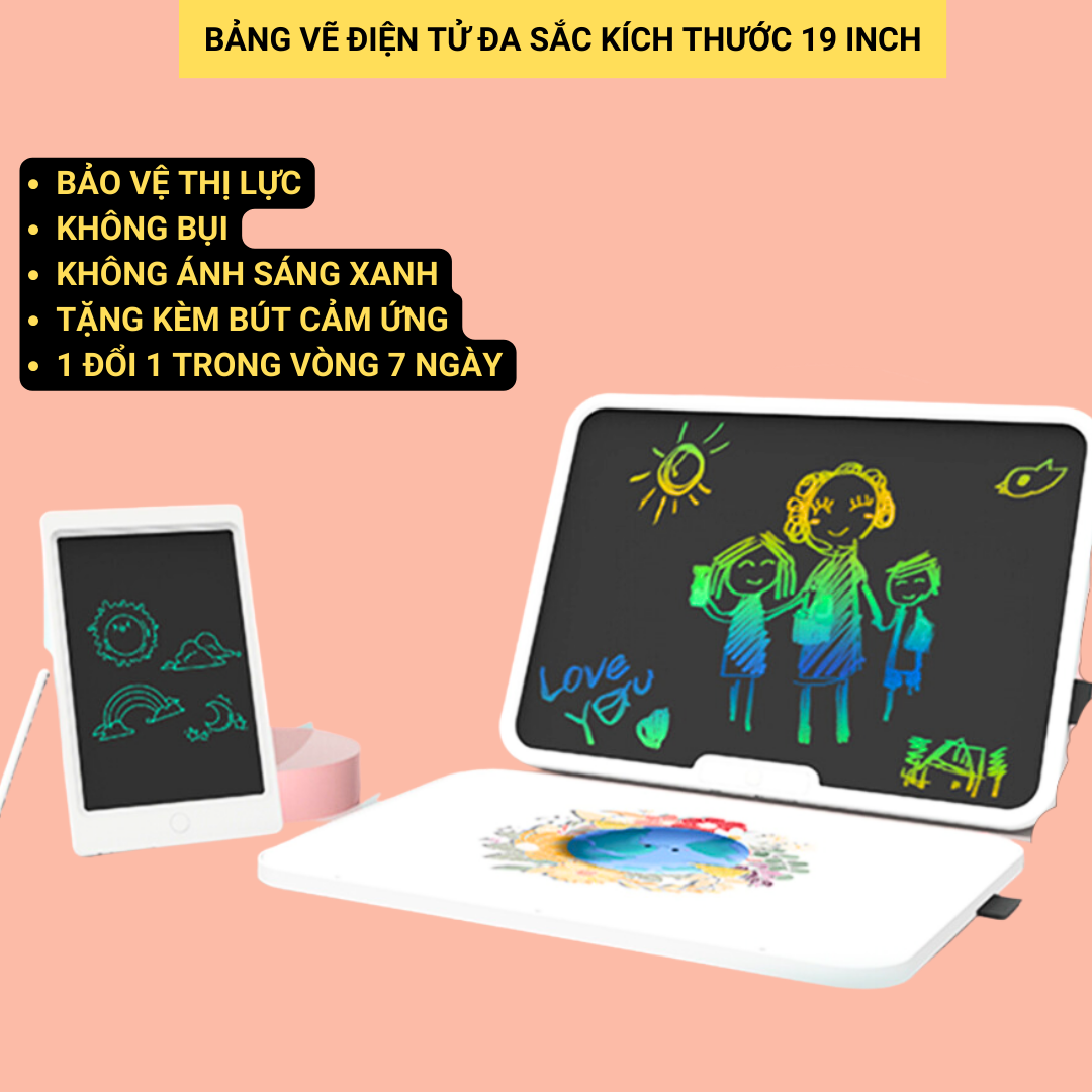 Bảng vẽ tự xóa điện tử PS Board, bảng viết vẽ thông minh cỡ lớn 19 inch màn hình LCD đa sắc đồ họa đẹp kèm pin và 2 bút cảm ứng