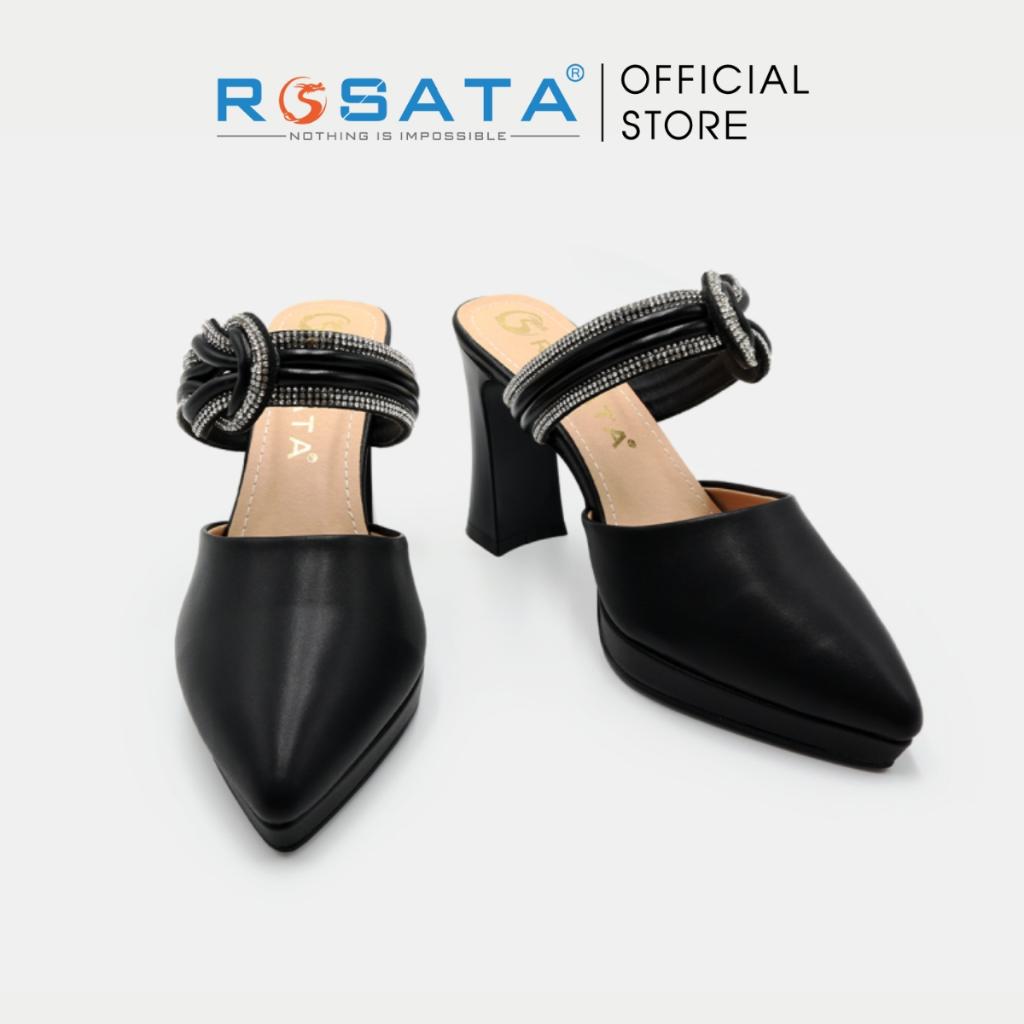 Giày cao gót nữ đế vuông 8 phân mũi nhọn xỏ chân quai ngang phối kiều ROSATA RO562 - Đen