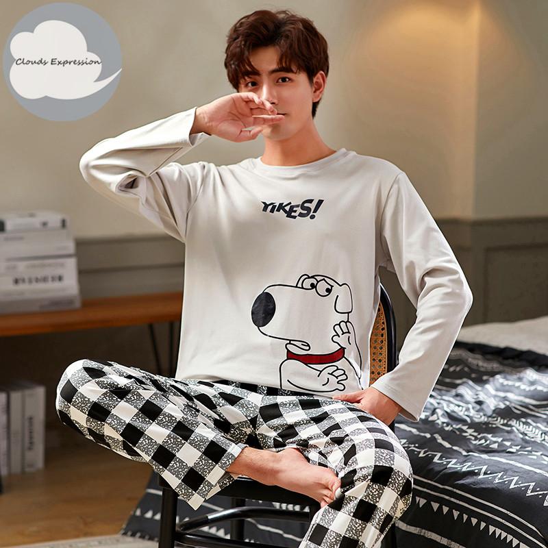 Mùa Thu Đông Cotton Nam Bộ Đồ Ngủ Thư Sọc Đồ Ngủ Hoạt Hình Pyjama Bộ Áo Ngủ & Phòng Chờ Pyjamas Plus Kích Thước 3XL bộ Pijama