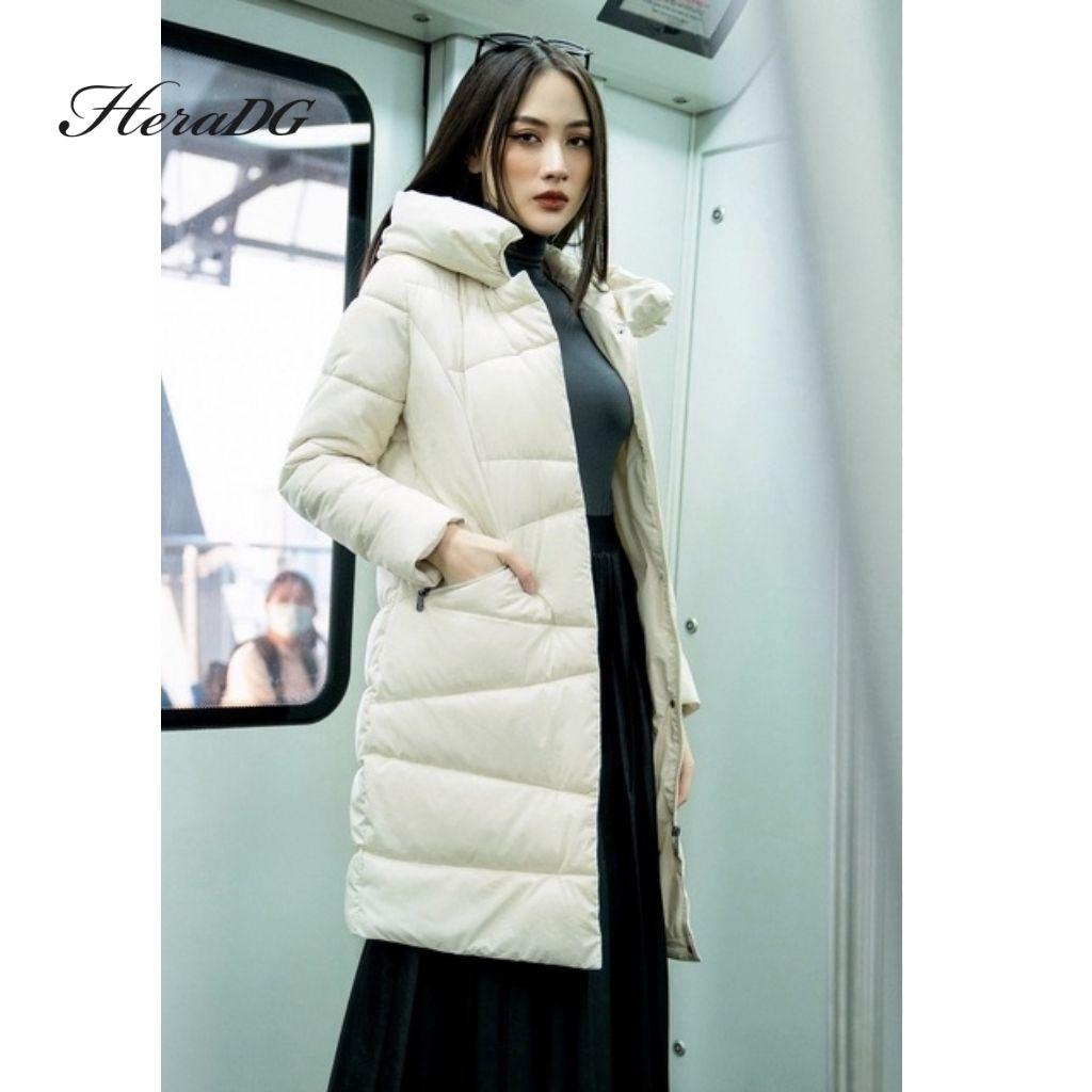 Áo Khoác Phao Nữ Dáng Dài HeraDG Túi Chéo Chần Chéo Kèm Mũ Sang Trọng, Vải Gió Chống Nước Chống Bám Bụi WJKBA17