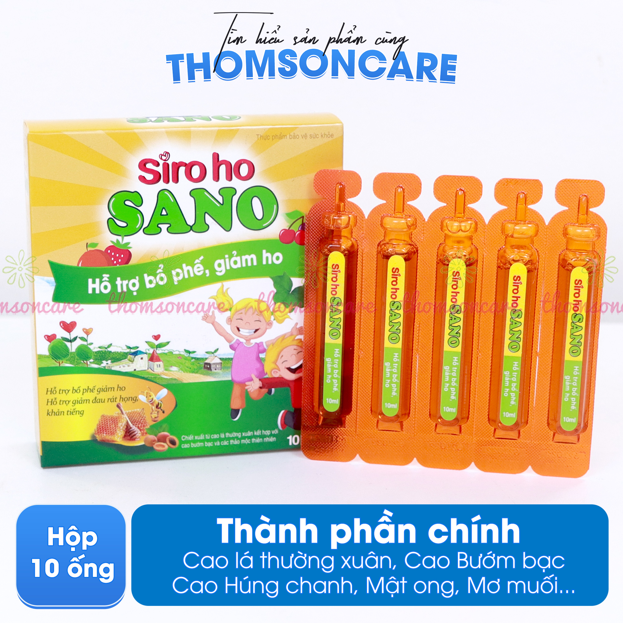 Siro bổ phế, siro ho Sano Sanofia - giúp bổ phế, giảm ho, rát họng, tiêu đờm từ thảo dược - Hộp 10 ống Thomsoncare