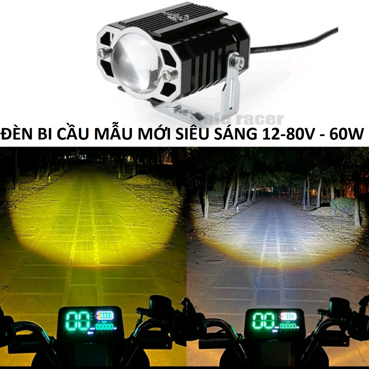Đèn trợ sáng xe máy ô tô 45W, 12v-80v cốt vàng pha trắng 2 màu siêu gom mẫu mới chống nước