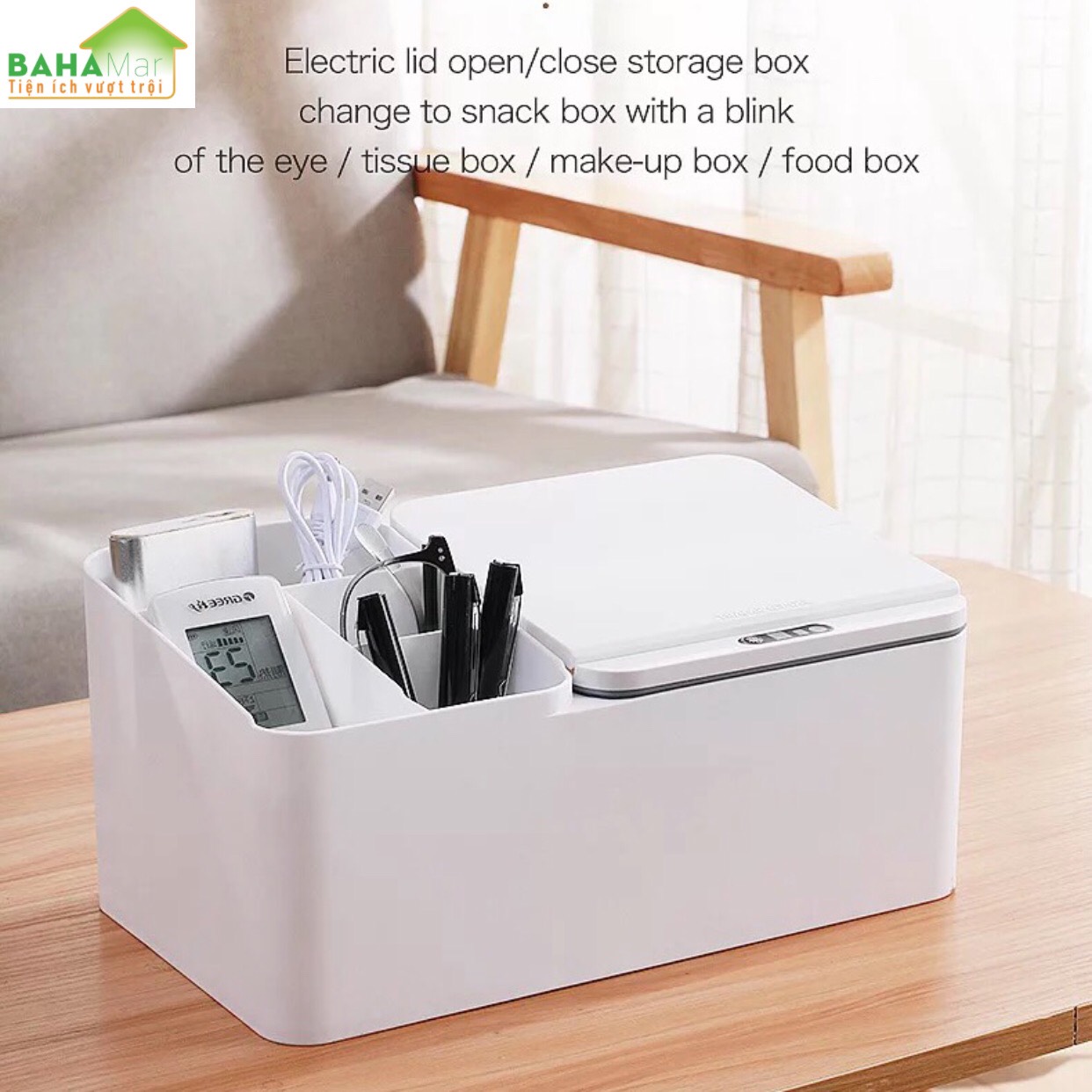 HỘP ĐỂ BÀN ĐA NĂNG CẢM ỨNG THÔNG MINH TỰ ĐỘNG BẬT MỞ NẮP "BAHAMAR" thích hợp sử dụng để nhiều thứ cho gọn gàng ngăn nắp