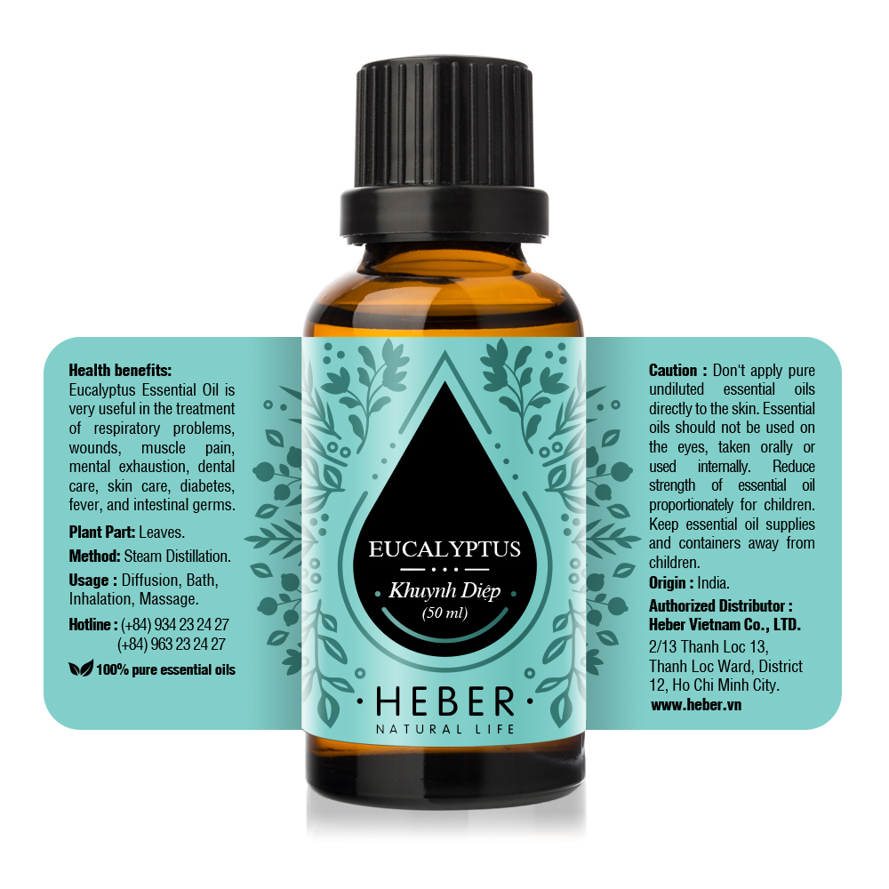 Tinh Dầu Khuynh Diệp Eucalyptus Essential Oil Heber | 100% Thiên Nhiên Nguyên Chất Cao Cấp | Nhập Khẩu Từ Ấn Độ | Kiểm Nghiệm Quatest 3 | Xông Thơm Phòng