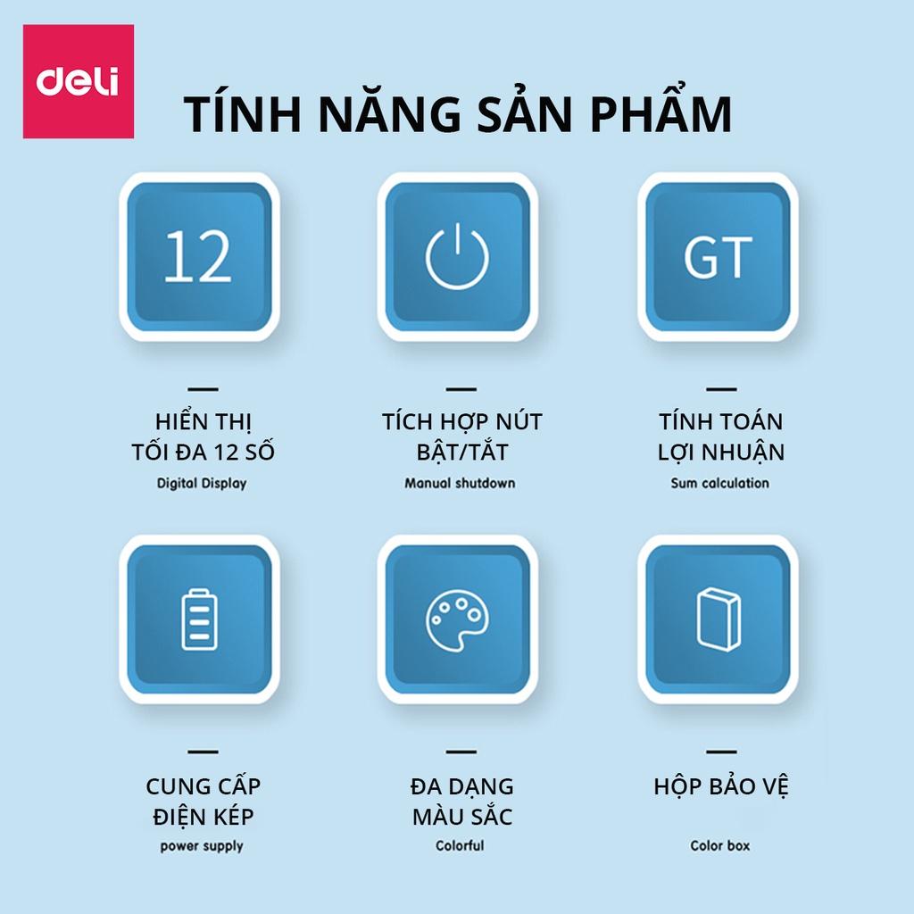 Máy tính cầm tay 12 số để bàn Deli có thể dùng năng lượng mặt trời và pin Có bảo hành