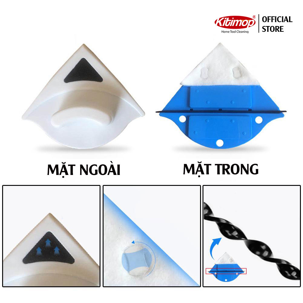 Dụng cụ lau kính 2 mặt Kitimop miếng nam châm hút mạnh, lau 1 lần sạch 2 mặt kính, dây an toàn dài 2m, tặng 1 bộ sơ cua