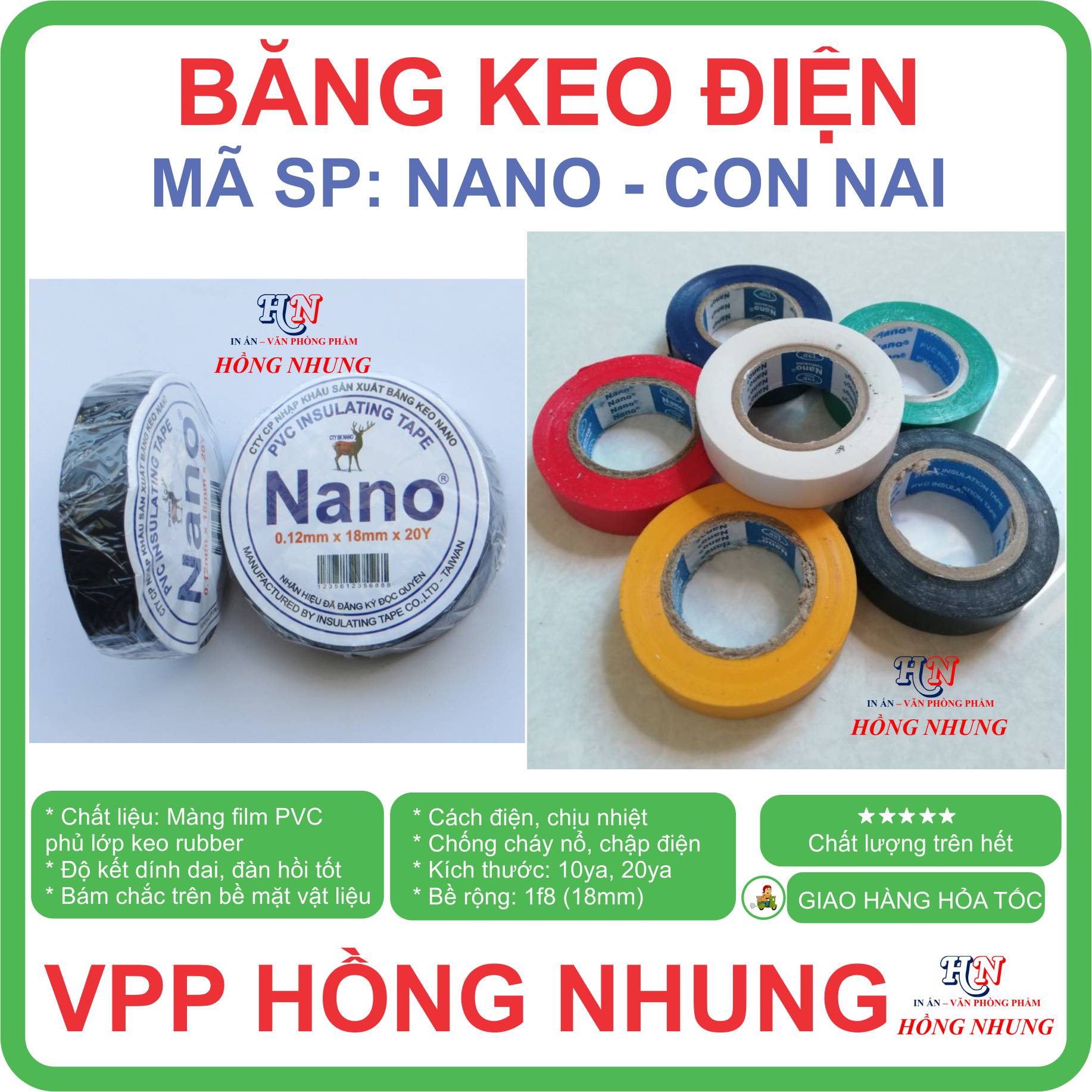 Băng keo điện Nano 10Yard / 20Y- bám dính chắc chắn, dẻo, dai, cách điện / PVC insulating tape