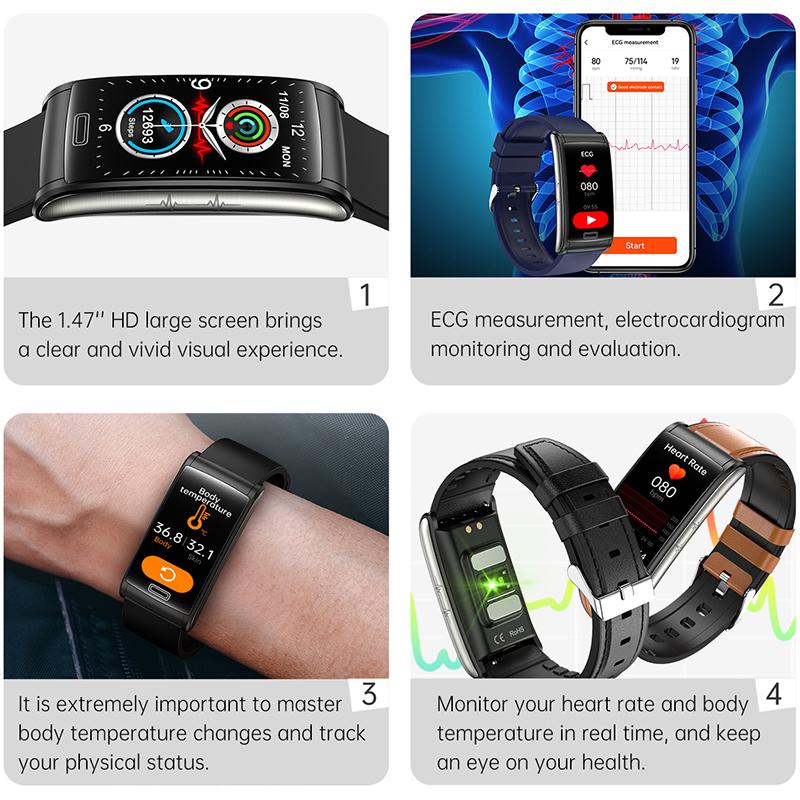 Sang trong máu không xâm lấn ECG PPG Sức khỏe Vòng đeo tay thông minh IP68 Thể thao chống thấm Watcher Watch Watch Men Blood Glucose Meter Đồng hồ