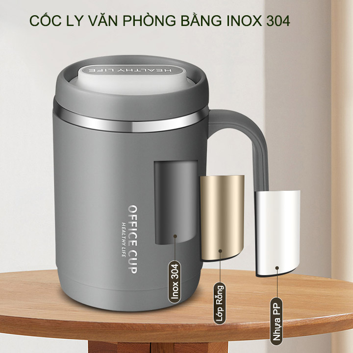 Cốc ly văn phòng dùng uống trà, cà phê, loại 2 lớp trong inox 304 ngoài nhựa PP, dung tích lớn 500ml kèm ống hút