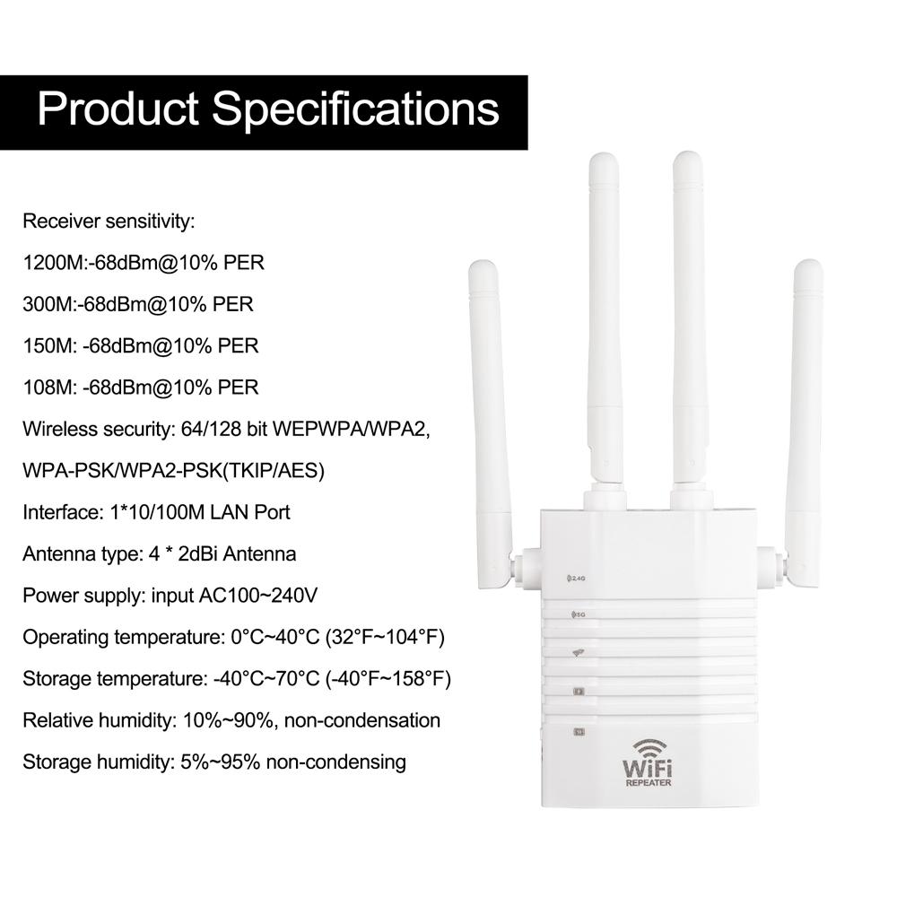 Bộ lặp lại Wi-Fi băng tần kép Bốn ăng-ten 2.4GHz 5GHz 1200M Internet Wi-Fi WD-R1205U