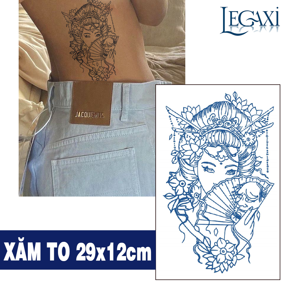Tờ Dán Xăm Miếng Dán Hình Xăm Tattoo 15 Ngày Không Trôi Chống Thấm Nước Tạm Thời Mĩ nữ cầm Quạt Kimono Legaxi