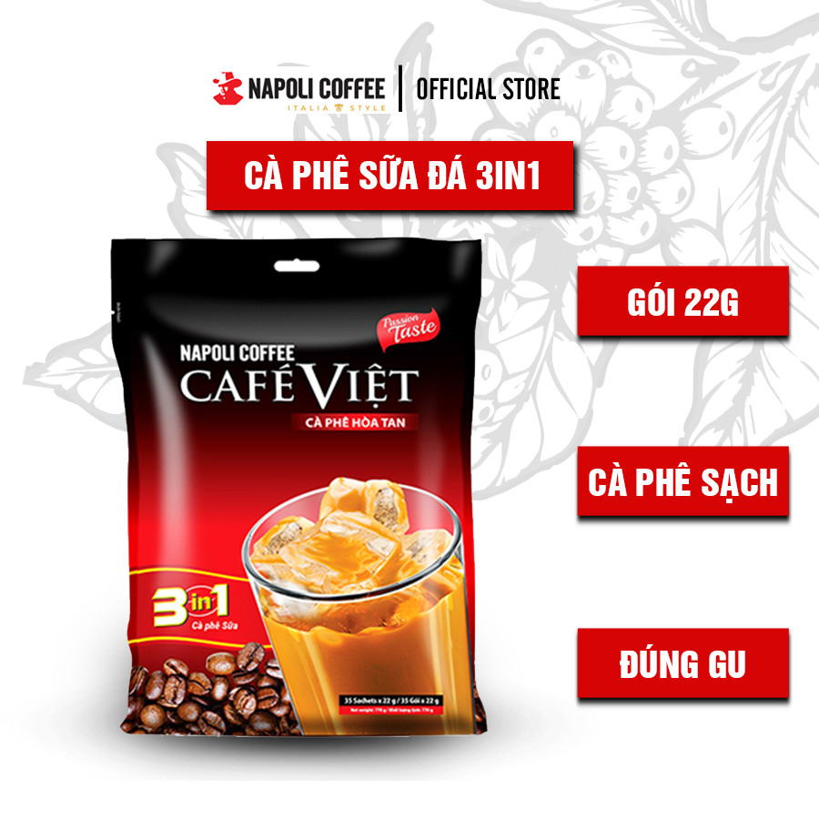 Cà phê hòa tan sữa đá 3in1 nguyên chất Arabica/Robusta Napoli Coffee túi lớn (35 gói x 22g)