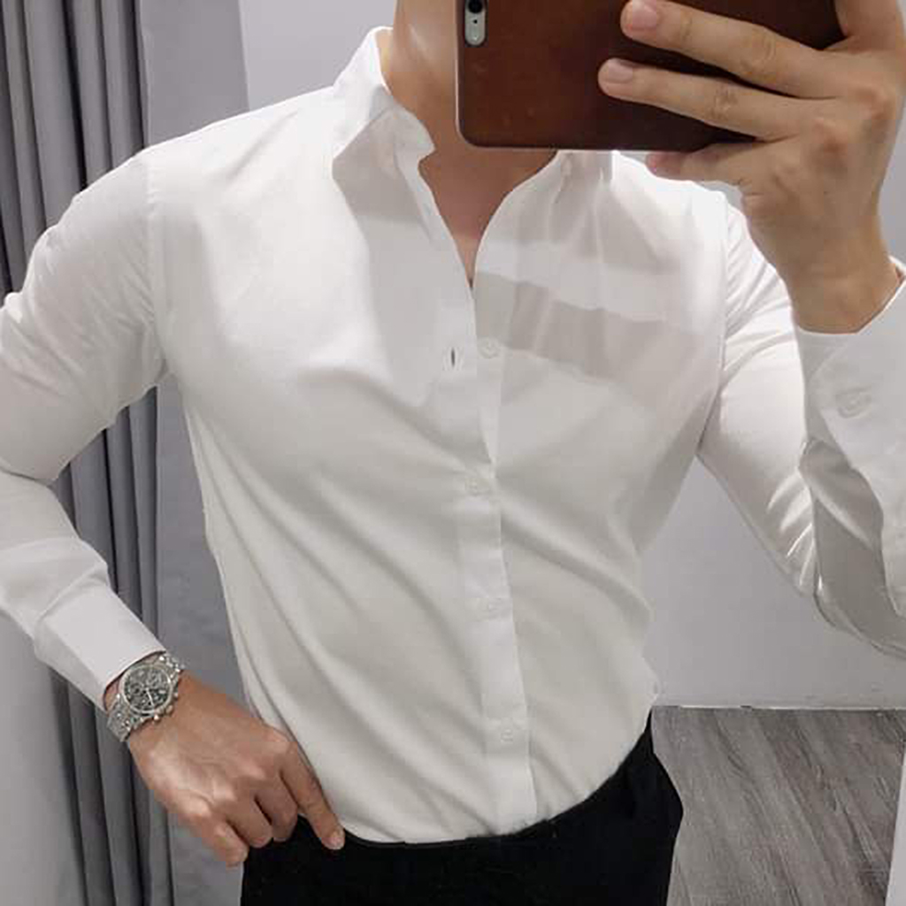 Áo sơ mi nam trắng dài tay công sở cao cấp chất lụa Hamino form slimfit ôm dáng thời trang Hàn Quốc màu trắng đen hàng VNXK, áo sơ mi nam dài tay công sở Hàn quốc cao cấp đen trắng  - Đen - M