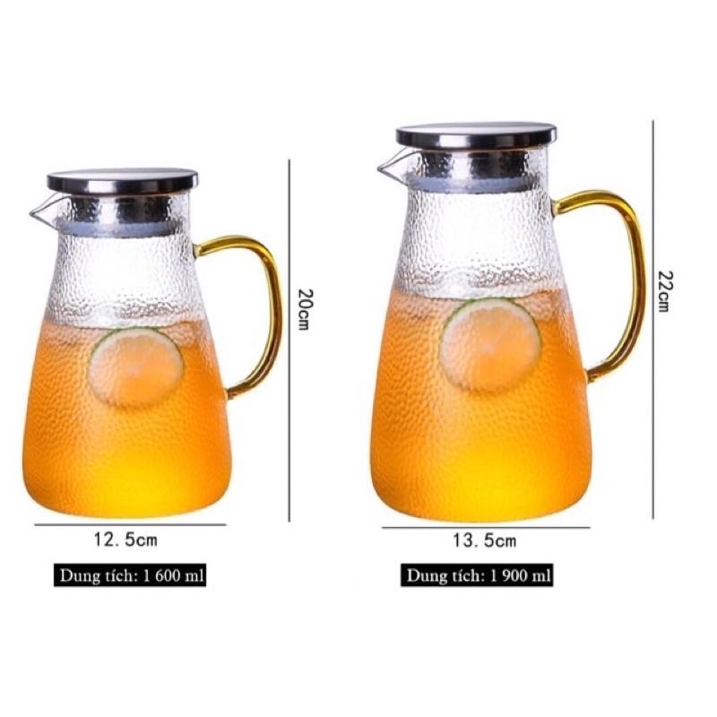 Bình nước sần 1,6L thuỷ tinh Borosilicate chịu nhiệt nắp inox quai vàng