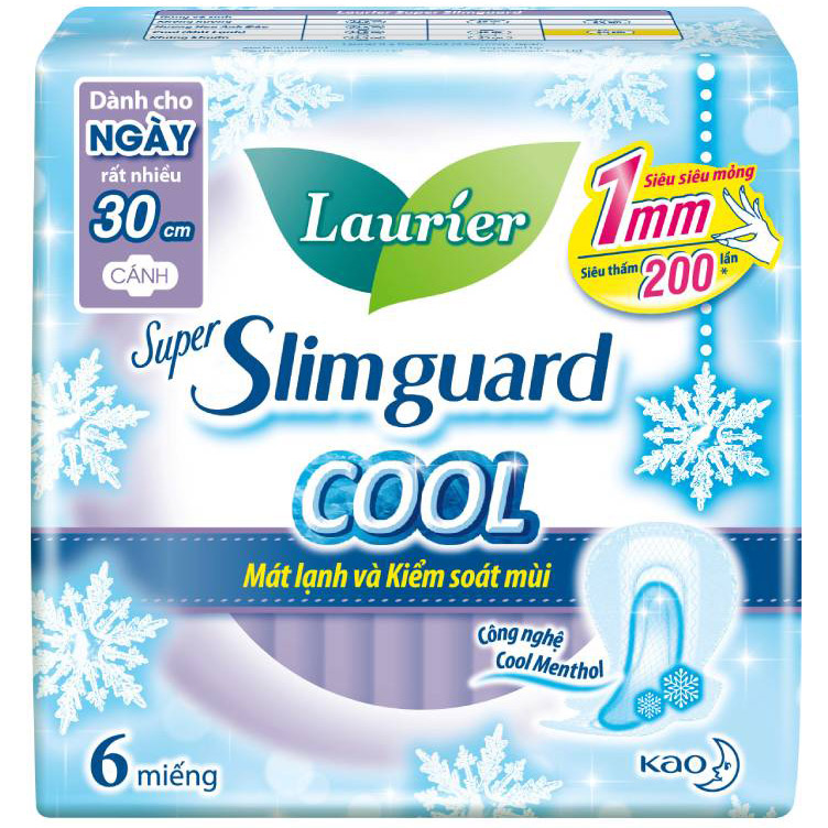 Băng Vệ Sinh Laurier Super Slimguard Cool Mát Lạnh &amp; Kiểm Soát Mùi 30cm - 6 Miếng