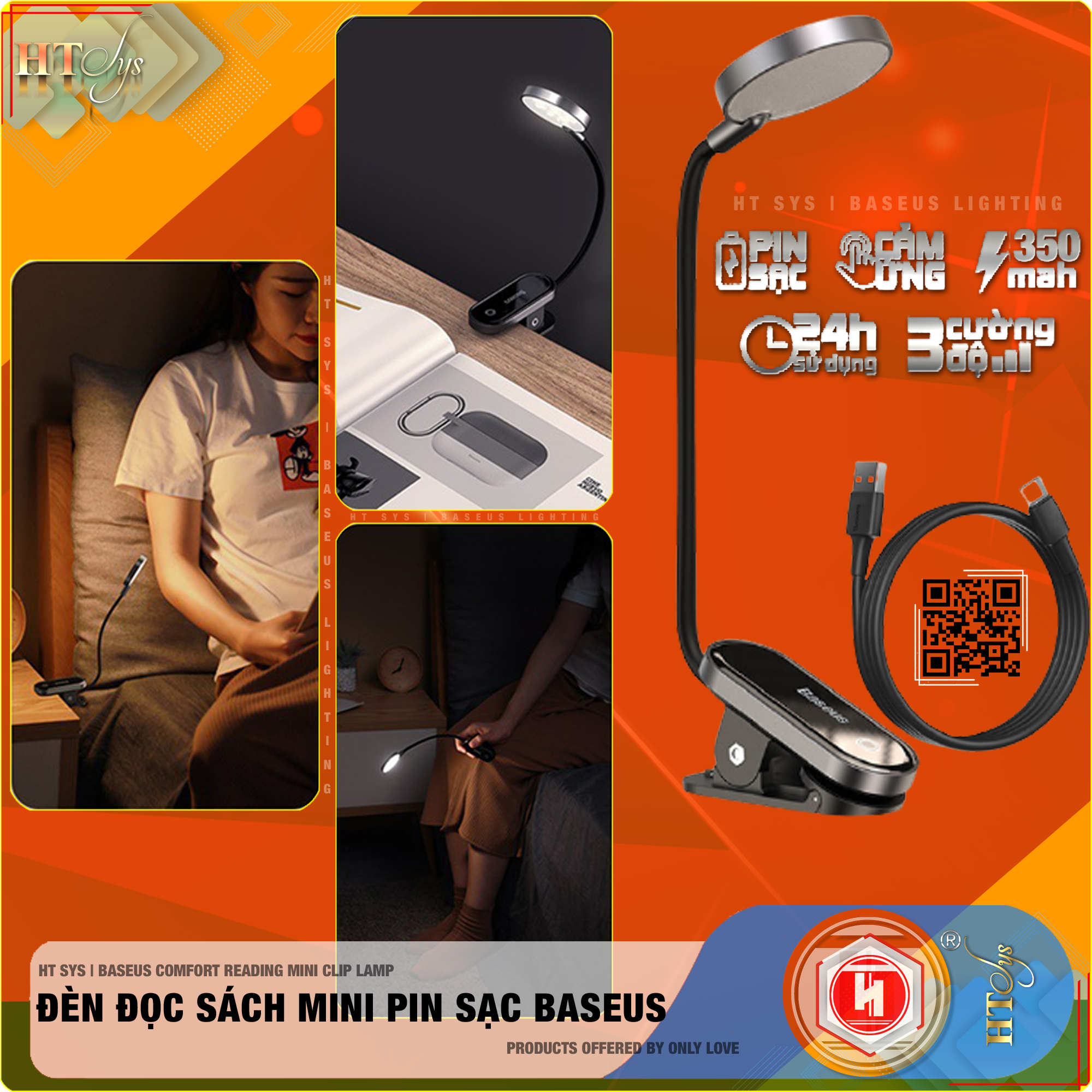 Đèn đọc sách mini Baseus Comfort Reading Mini Clip Lamp - Pin sạc 350mAh  - Chân đế kẹp - 03 Cường độ sáng - 24H sử dụng - Hàng Nhập Khẩu