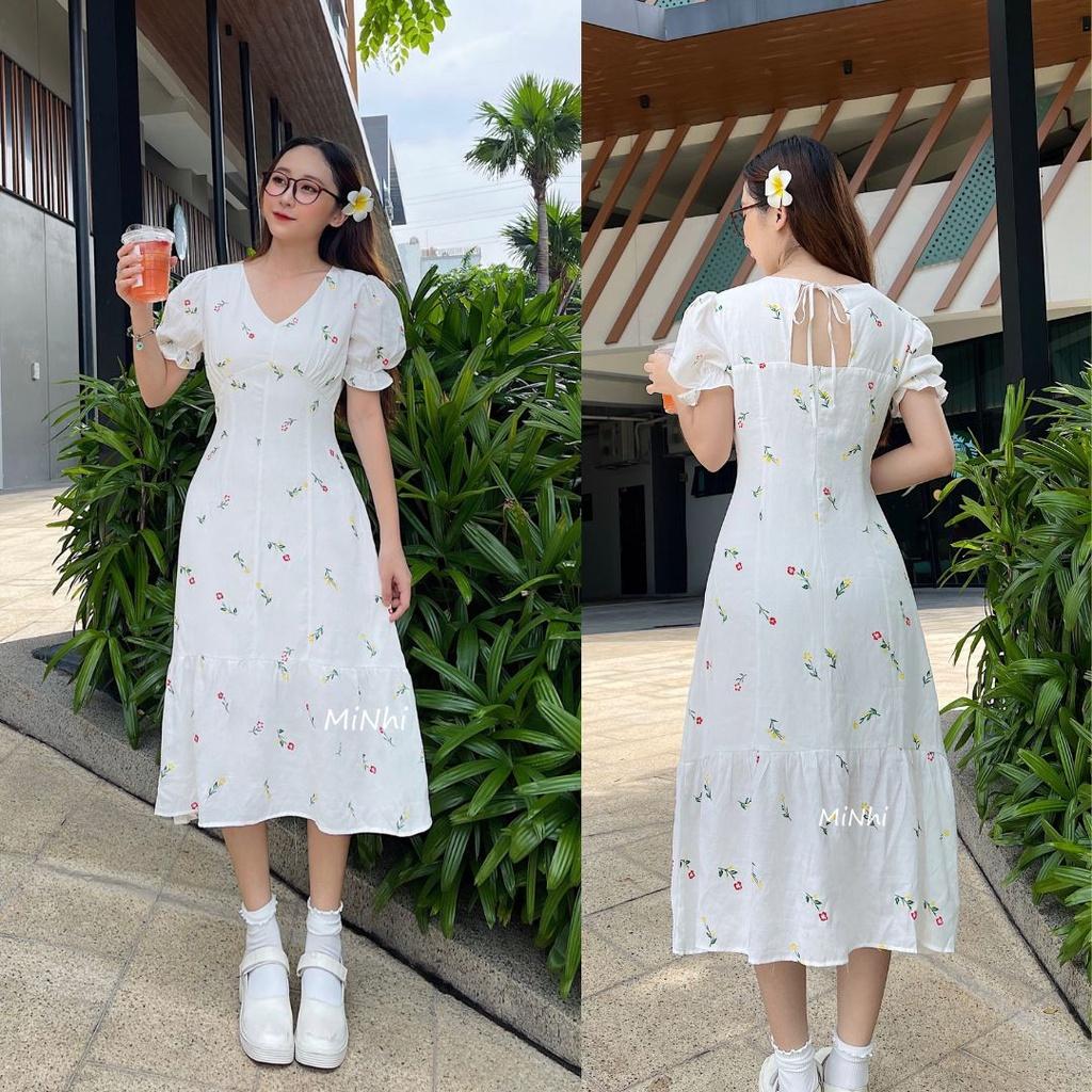 Đầm hoa nhí trắng nơ lưng, Váy hoa nhí cổ tim vải hoa mát mẻ Cao Cấp cổ V dáng xòe tay ngắn - MiNhi Đầm