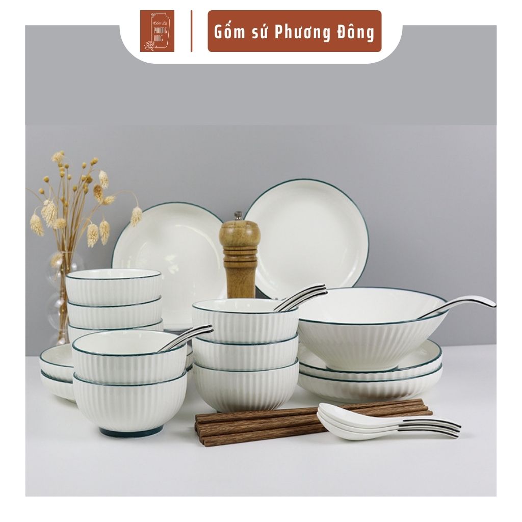 Bộ bát đĩa đẹp sang trọng màu trắng viền xanh 26 chi tiết, chén dĩa decor màu sắc trang nhã PD120