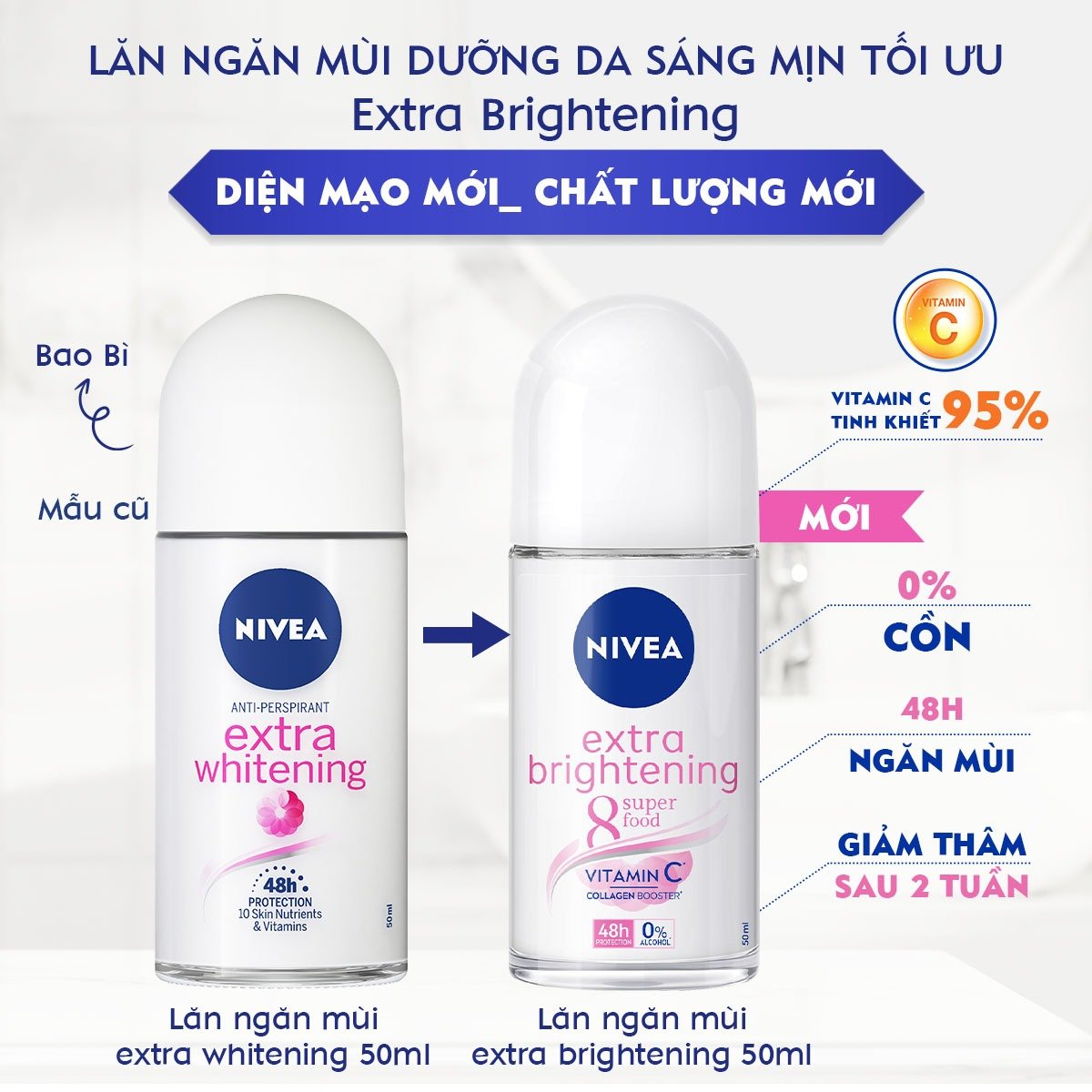 LĂN KHỬ MÙI N.IVE.A EXTRA BRIGHTENING TRẮNG MỊN 50ML ( chữ hồng ) ( không xuất hóa đơn đỏ)