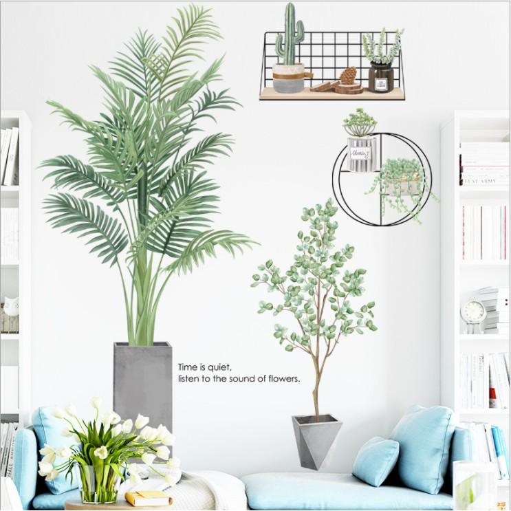 Decal dán tường trang trí - CHẬU CÂY XANH KÈM KỆ XƯƠNG RỒNG TINH TẾ