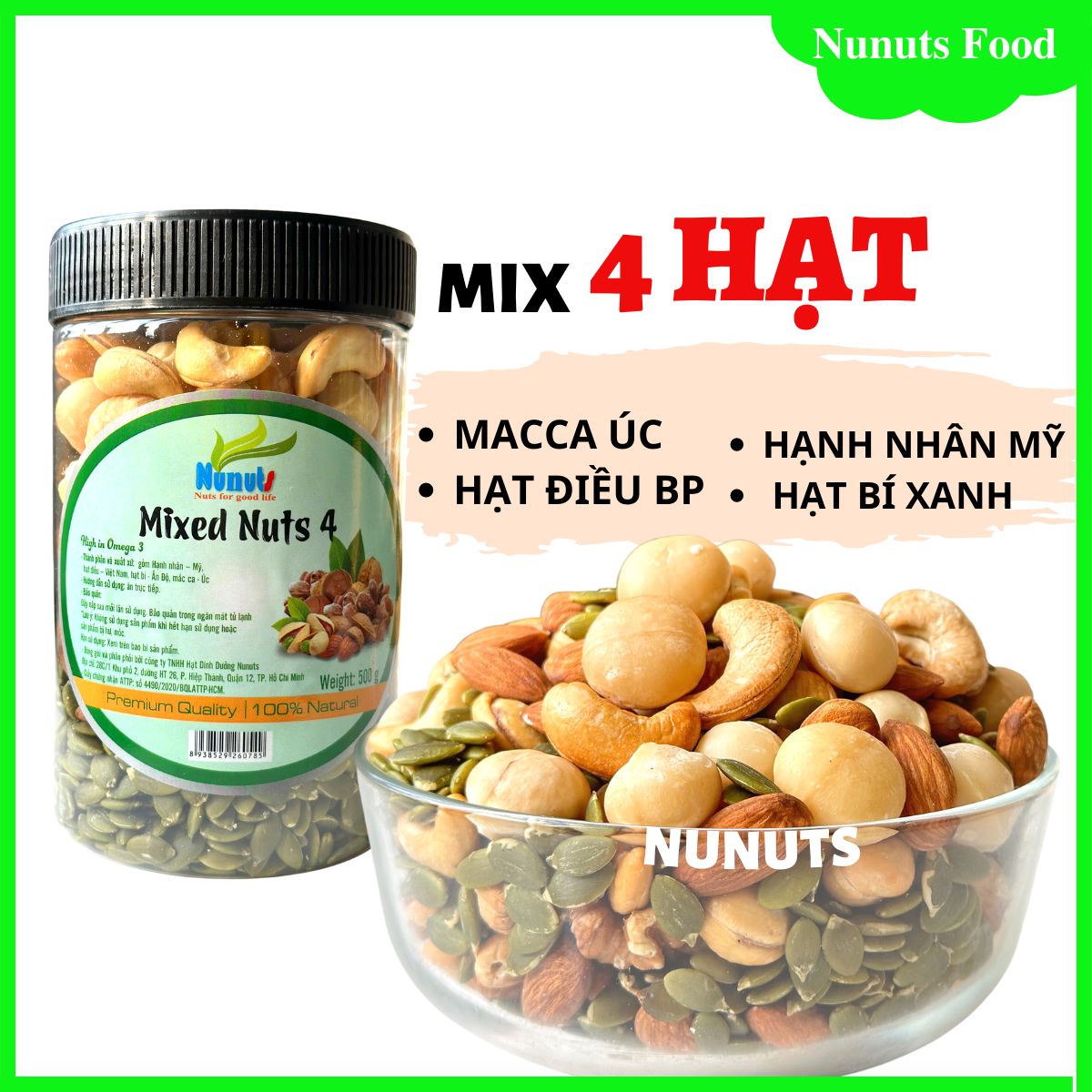 Mix hạt dinh dưỡng SIÊU MACCA Nunuts gồm 4 loại ( macca Úc, hạnh nhân Mỹ, hạt điều BP, hạt bí) làm sữa, hạt sấy giòn, hạt tẩm mật ong