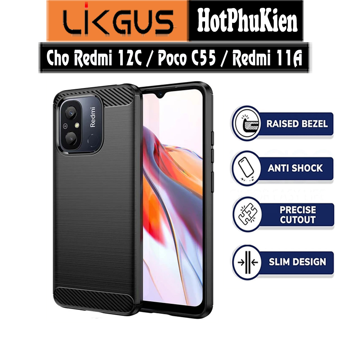 Ốp lưng chống sốc vân kim loại cho Xiaomi Redmi 12C / Poco C55 / Redmi 11A hiệu Likgus (chuẩn quân đội, chống va đập, chống vân tay) - Hàng nhập khẩu