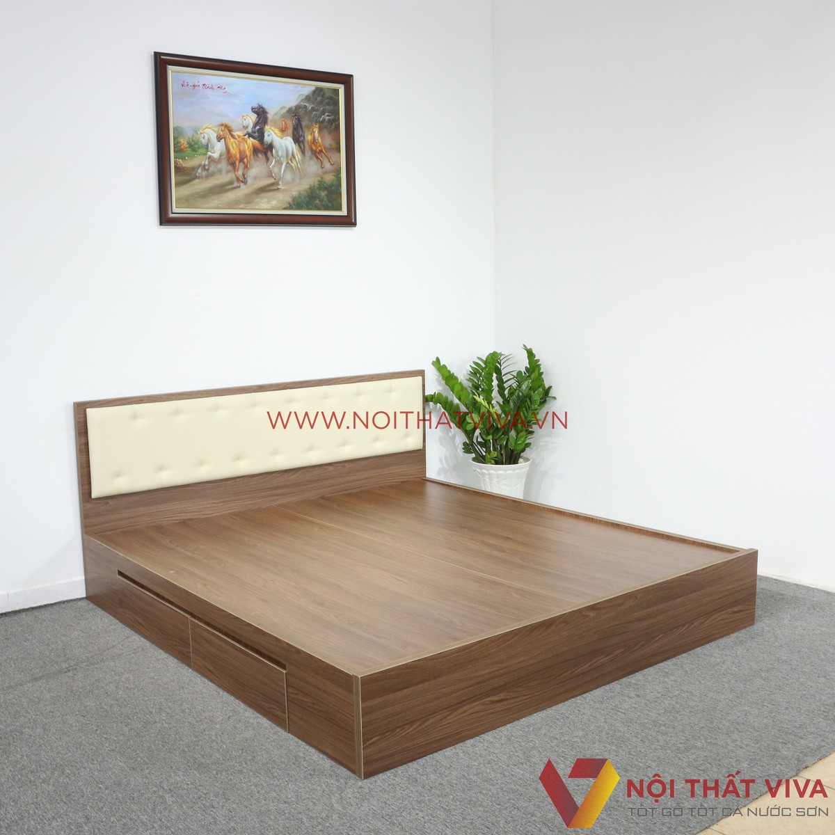 Giường Ngủ Gỗ Mdf Phủ Melamine Bọc Nệm Có Ngăn Kéo Màu Óc Chó + Trắng