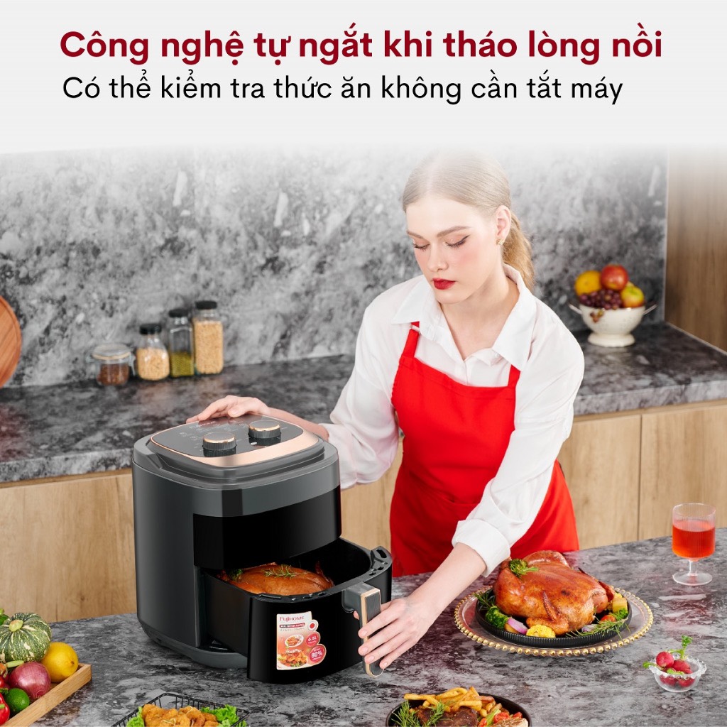 Nồi chiên không dầu 6.5 Lít FujiHome A6GG nhập khẩu tặng kèm kẹp gắp cao cấp inox - HÀNG CHÍNH HÃNG