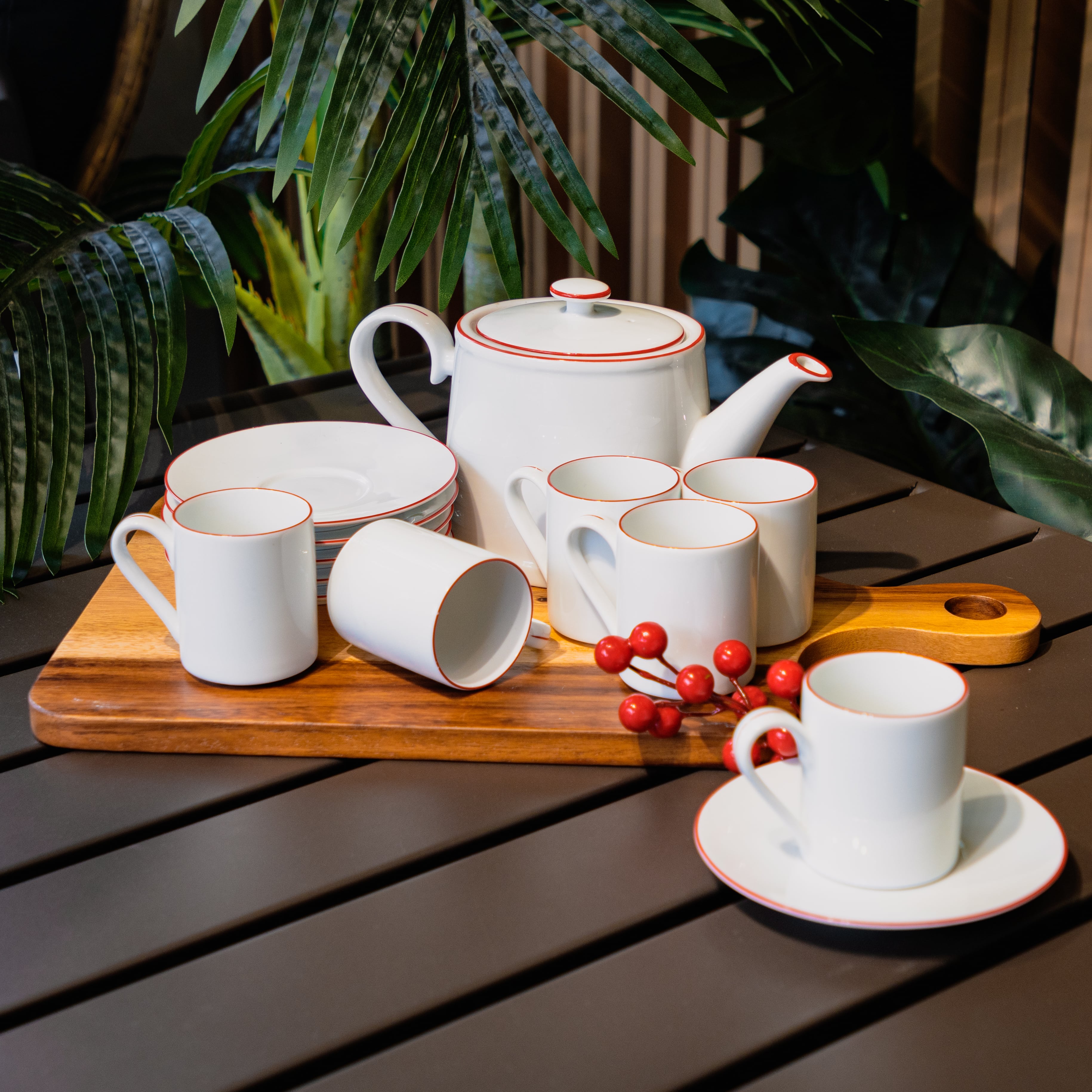 Bộ ấm chén kèm 6 tách uống trà bằng sành đẹp, cao cấp CHERRY màu trắng viền đỏ sang trọng | Index Living Mall - Phân phối độc quyền tại Việt Nam