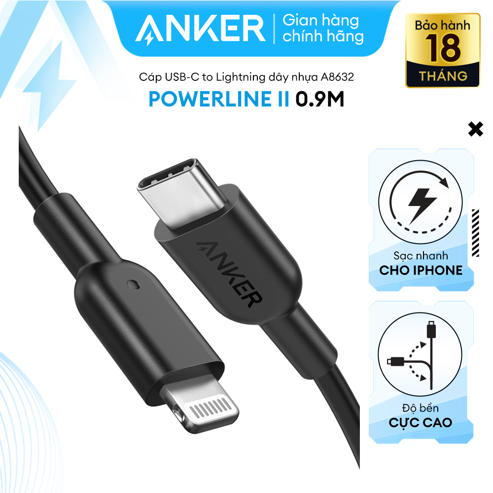 Cáp sạc ANKER PowerLine II li.ght.ni.ng to USB-C dài 0.9m - A8632 - Hỗ trợ sạc nhanh 18W cho iPhone 8 trở lên qua củ sạc PD hoặc PiQ 3.0