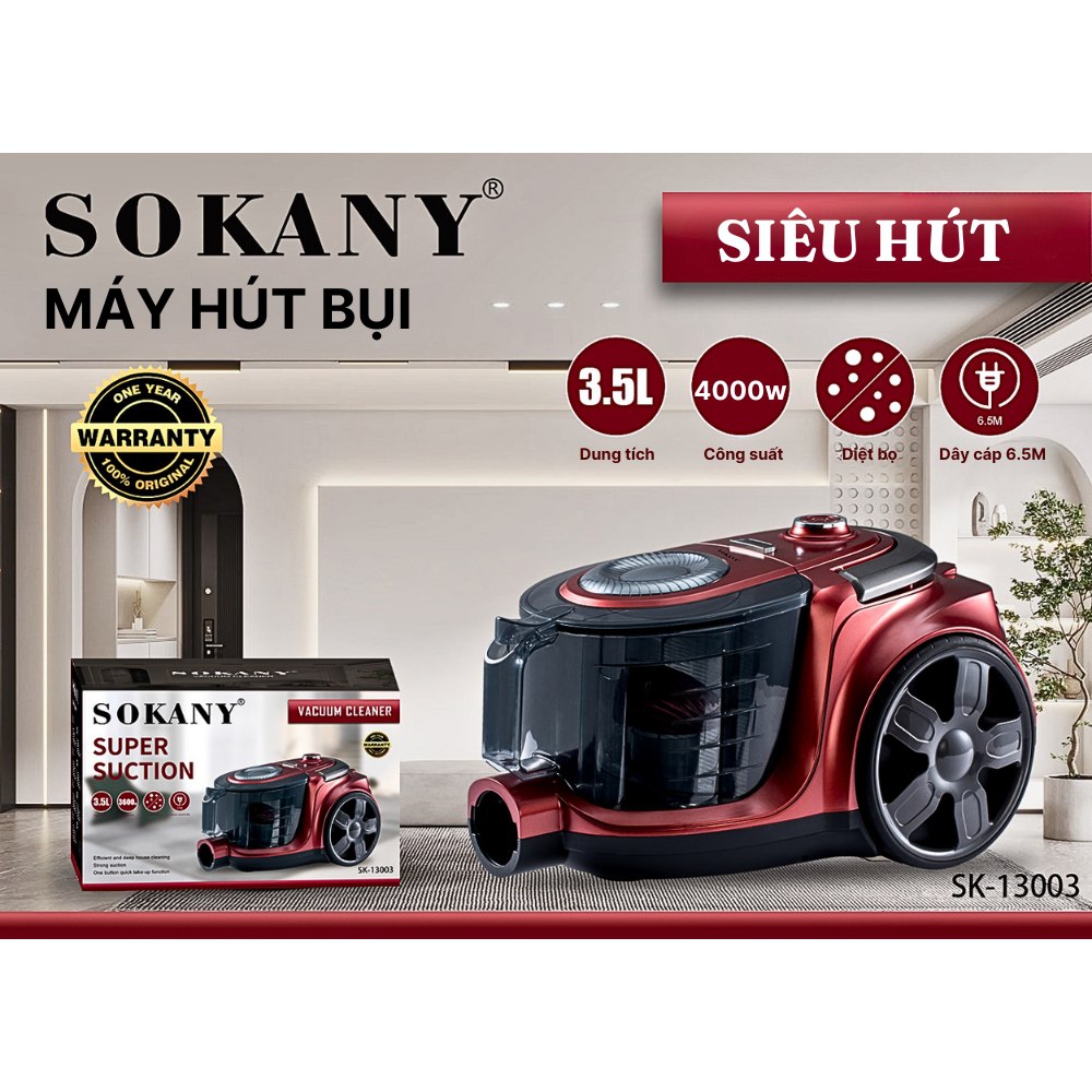 Máy hút bụi cầm tay SOKANY SK-13003R, SK-13005B công suất 4000W, giảm tiếng ồn, lực hút mạnh, hút được tóc, lông động vật - HÀNG CHÍNH HÃNG