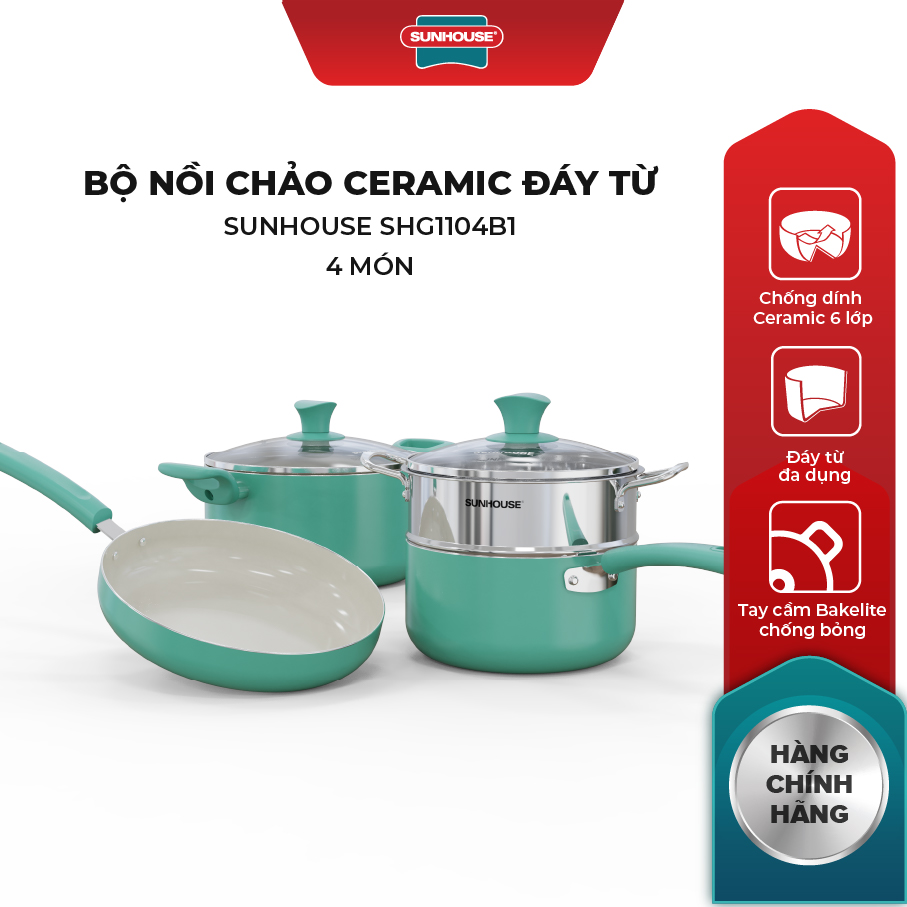 Bộ Nồi Chảo Ceramic Đáy Từ Sunhouse SHG1104B1 (Nồi: 24 cm, chảo 26 cm, quánh: 20 cm, xửng: 20cm ) - Dùng trên mọi loại bếp