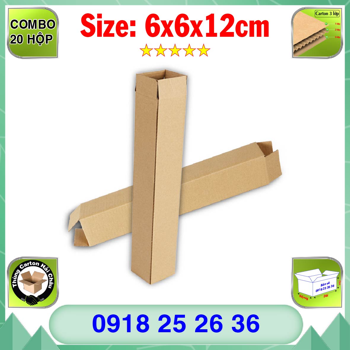 20 Hộp Carton, KT: 6x6x12cm, Hộp carton, Thùng carton, Hộp đóng hàng, Thùng đóng hàng, Hộp carton 3 lớp...