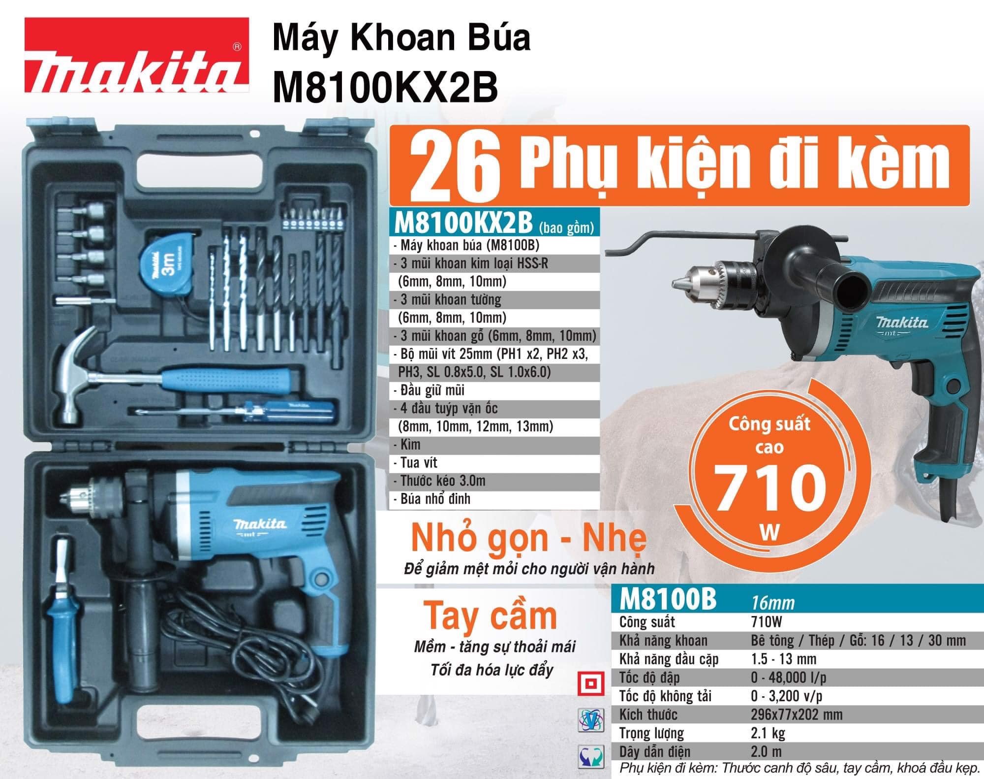 Máy khoan búa MAKITA M8100KX2B 16MM 710W