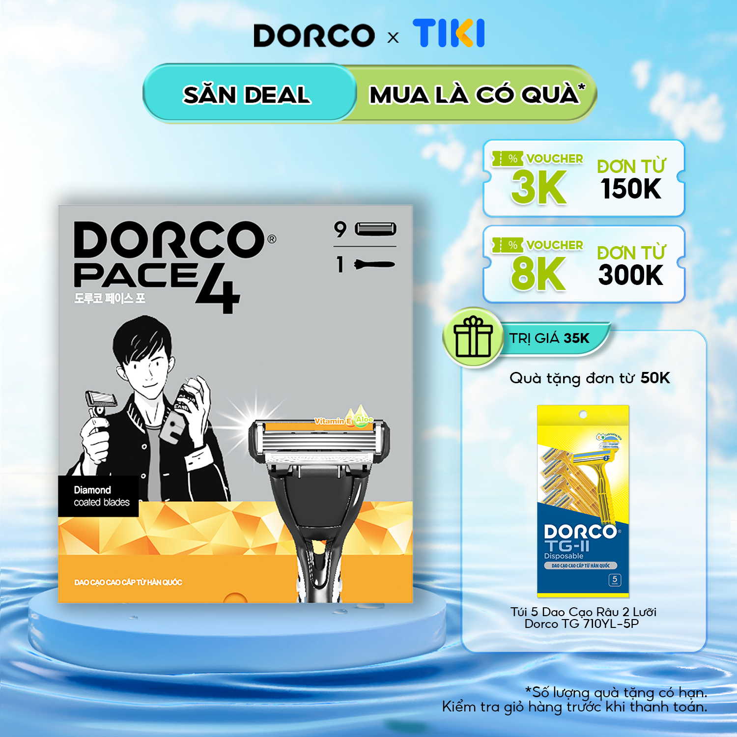 DORCO PACE 4 - Dao Cạo Râu Hàn Quốc 4 Lưỡi - Hộp Làm Quà Tặng Gồm 1 Cán và 9 Đầu Cạo