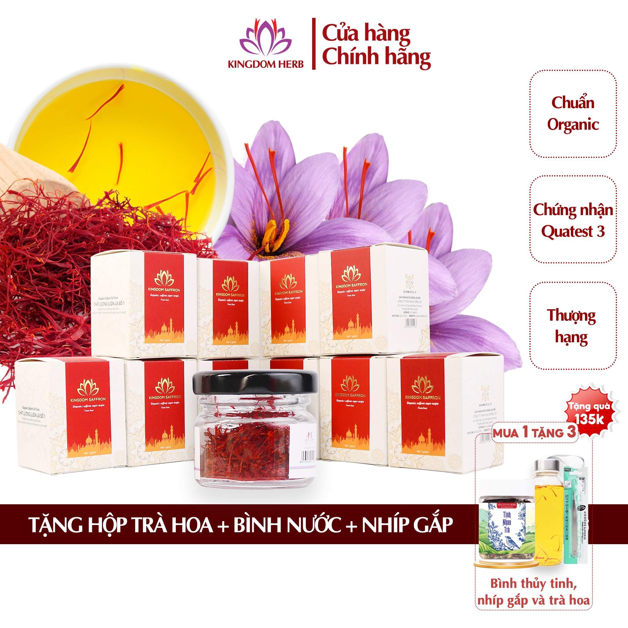 Combo 10 hộp hộp1gr saffron Kingdom Herb, nhụy hoa nghệ tây Iran chính hãng super negin thượng hạng - Tặng trà Tịnh Nhan thượng hạng 30g, bình nước và nhíp gắp