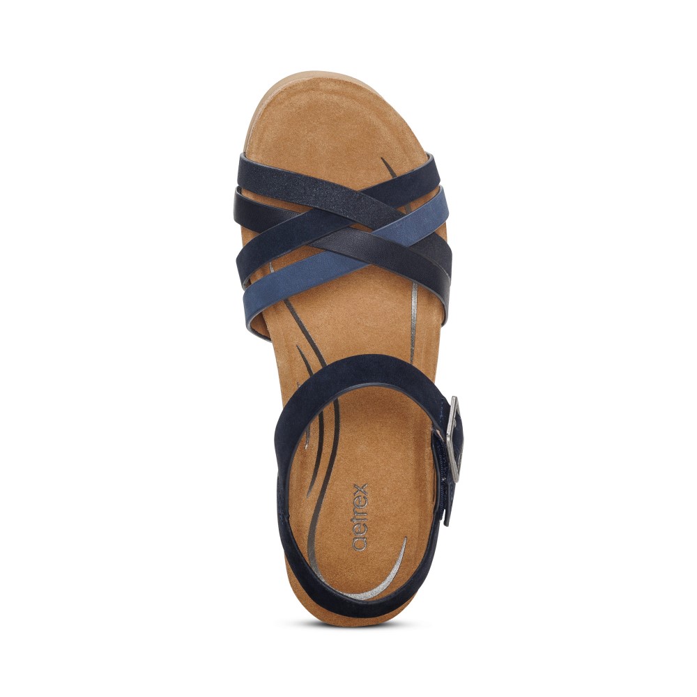 Sandal sức khoẻ nữ Aetrex Noelle Navy - Giày cao gót 5p đệm da mềm