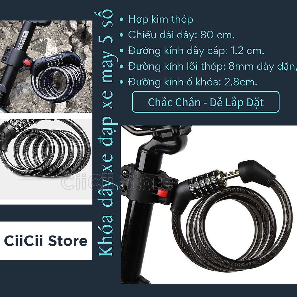 Khóa dây Xe đạp Hợp kim Thép 5 Số bọc Cao su Cao cấp Chống trộm, Dài 80cm, Đường kính Cáp 1.2cm Hàng nhập khẩu