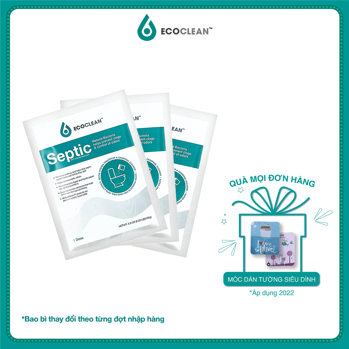 3 Gói EcoClean Septic - Men Vi Sinh Xử Lý Hầm Cầu, Bể Phốt Đầy, Tràn - Túi Gói 100gram - Bộ 3 Gói Tiết Kiệm