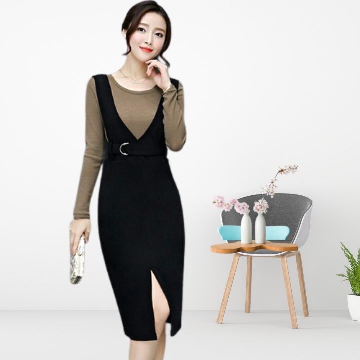 Yếm Váy Nữ New Design Thiết Kế Váy Xẻ Đùi , Có Size Màu Đen ,Dài Qua Gối Phong Cách Hàn Quốc Trẻ Trung New Design CV0041