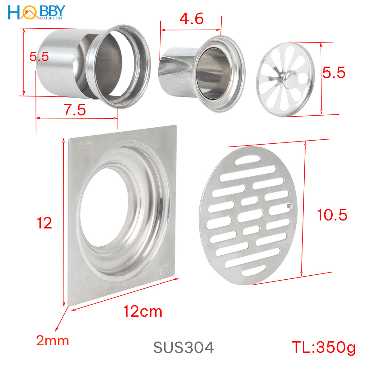 Phễu thoát sàn ngăn mùi hôi inox 304 size 12x12 Hobby home decor PTS1